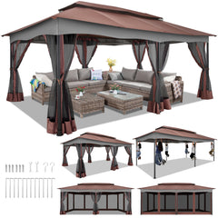 HOTEEL 12x20 Pop Up Gazebo Outdoor Canopy Shelter, Heavy Duty Gazebo Sun Shade Canopy Tent with 4 Sandbags, Waterproof, Double Tiers & Mesh Netting for Lawn, Garden, Backyard & Deck, Khaki