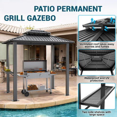 6' x 8' hardtop grill gazebo with vented double roof, galvanized steel sun and rain shelter, rust-resistant aluminum barbecue gazebo for outdoor cooking, patio, backyard