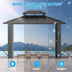 HOTEEL 6x8 FT Hardtop Grill Gazebo with Vented Double Roof, Galvanized Steel Sun & Rain Shelter, Rust-Resistant Aluminum BBQ Gazebo for Outdoor Cooking, Patio, Backyard (Black)