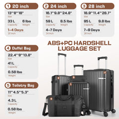 Hoteel 3 Piece Luggage Set,ABS+PC Hardside Suitcase with TSA Lock Spinner Wheels,5 PCS Carry On Travel Luggage with Duffel Bag and Toiletry Bag.(Black)