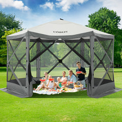 Hoteel 12x12ft Pop-up Gazebo EZ Set-up Camping Canopy Tent with 6 Sides Mosquito Netting, Waterproof, UV Resistant, Portable Screen House Room, Outdoor Party Tent with Carry bag, Ground Spike