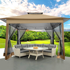 COBIZI 12x12 Outdoor Gazebo Pop Up Gazebo Canopy with Mosquito Netting Patio Tent Backyard Canopy with 2-Tiered Vented Top 3 Adjustable Height, Beige