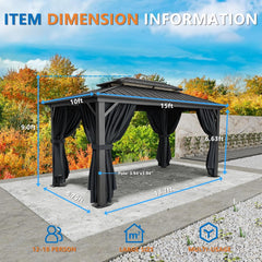 10' x 12' Heavy-Duty Hardtop Gazebo, Galvanized Steel Double-Layer Roof, Hot Tub Gazebo, with Fire-Resistant Curtains and Mesh, Aluminum Frame Outdoor Canopy, Suitable for Patios and Parties