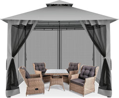 HOTEEL 10x10 Pop Up Gazebo Outdoor Canopy Shelter, Instant Patio Gazebo Sun Shade Canopy Tent with 4 Sandbags, Double Tiers & Mesh Netting for Lawn, Garden, Backyard & Deck, Gray