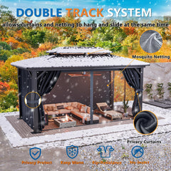 10' x 12' Heavy-Duty Hardtop Gazebo, Galvanized Steel Double-Layer Roof, Hot Tub Gazebo, with Fire-Resistant Curtains and Mesh, Aluminum Frame Outdoor Canopy, Suitable for Patios and Parties