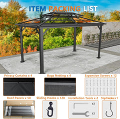 10' x 12' Heavy-Duty Hardtop Gazebo, Galvanized Steel Double-Layer Roof, Hot Tub Gazebo, with Fire-Resistant Curtains and Mesh, Aluminum Frame Outdoor Canopy, Suitable for Patios and Parties