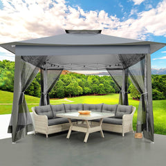 COBIZI 12x12 Outdoor Gazebo Pop Up Gazebo Canopy with Mosquito Netting Patio Tent Backyard Canopy with 2-Tiered Vented Top 3 Adjustable Height, Beige