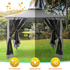 HOTEEL 10x10 Pop Up Gazebo Outdoor Canopy Shelter, Instant Patio Gazebo Sun Shade Canopy Tent with 4 Sandbags, Double Tiers & Mesh Netting for Lawn, Garden, Backyard & Deck, Gray