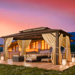 10' x 12' Heavy-Duty Hardtop Gazebo, Galvanized Steel Double-Layer Roof, Hot Tub Gazebo, with Fire-Resistant Curtains and Mesh, Aluminum Frame Outdoor Canopy, Suitable for Patios and Parties