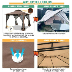 HOTEEL Outdoor Gazebo,10'x10'Canopy with Mosquito Netting,Shade Tent for Party, Backyard, Patio Lawn & Garden,Brown