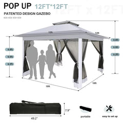 COBIZI 12x12 Outdoor Gazebo Pop Up Gazebo Canopy with Mosquito Netting Patio Tent Backyard Canopy with 2-Tiered Vented Top 3 Adjustable Height, Gray