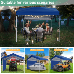 Hoteel 10x10 Carport Canopy Tent with 1 Sidewall, 3 Adjustable Height Portable Garage, Instant Outdoor Carports with 8 Stakes, 4 Sandbags & Ropes for Motorcycle, Garden Tool, Commercial, Dark Blue