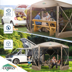 HOTEEL 12x12ft Pop-up Gazebo EZ Set-up Camping Canopy Tent with 6 Sides Mosquito Netting, Waterproof, UV Resistant, Portable Screen House Room, Outdoor Party Tent with Carry bag, Ground Spike, Khaki