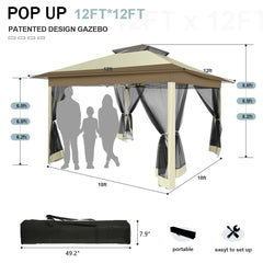 COBIZI 12x12 Outdoor Gazebo Pop Up Gazebo Canopy with Mosquito Netting Patio Tent Backyard Canopy with 2-Tiered Vented Top 3 Adjustable Height