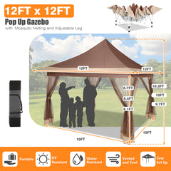 HOTEEL 12x12 Outdoor Waterproof Gazebo, Pop Up Canopy Tent with Adjustable Height, UV Protection & Mosquito Net, Ideal for Parties, Camping, Weddings, and Backyard Events,Brown