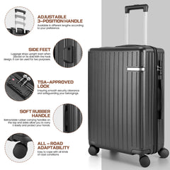 Hoteel 3 Piece Luggage Set,ABS+PC Hardside Suitcase with TSA Lock Spinner Wheels,5 PCS Carry On Travel Luggage with Duffel Bag and Toiletry Bag.(Black)