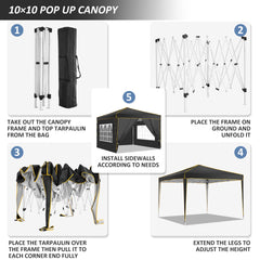 HOTEEL 10x10 Pop up Canopy with Sidewalls,Waterproof Tent for Parties Wedding Event,Instant Outdoor Gazebos with Carry Bag,Stakes,Ropes & Sandbags,Black