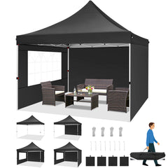 Hoteel 10x10 Pop Up Canopy Tent with 3 Sidewalls, Commercial Party Tent Ez Waterproof Outdoor Instant Gazebo UV 50+ Event Shelter, Garden Tents for Parties Camping with Sandbags & Cover Bag