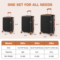 HOTEEL Luggage 3 Piece Set, Suitcase Set with Spinner Wheels & TSA Lock Hardside Lightweight Luggage Set 20in+24in+28in, Black
