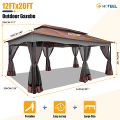 HOTEEL 12x20 Heavy Duty Canopy Gazebo with 6 Mosquito Netting 100% Waterproof Large Canopy Tents for Patio, Party, with Double Roof Soft Top Screen Gazebo with Metal Steel Frame for Outside, Brown