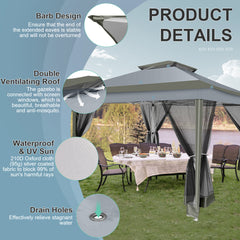 HOTEEL 12'x12' Pop Up Gazebo Patio Outdoor Canopy Tent with 8 Mosquito Nettings, Adjustable Height and 144 Square ft of Shade for Garden, Party, Backyard with Vented Top, Storage Bag, Sandbags, Silver