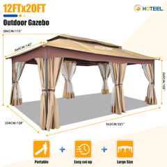 COBIZI Outdoor Gazebo 12x20 Patio Gazebo with Netting and Curtains Waterproof Gazebo with Double Roof Large Backyard Gazebo with Metal Steel Frame for Deck, Backyard, Lawn, Party, Garden, Khaki