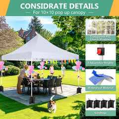 Hoteel 10x10 Pop Up Canopy Tent with 3 Sidewalls, Outdoor Canopy Tent Waterproof Pop Up Backyard Canopy Portable Party Commercial Instant Canopy Shelter Tent Gazebo for Wedding Camping, White