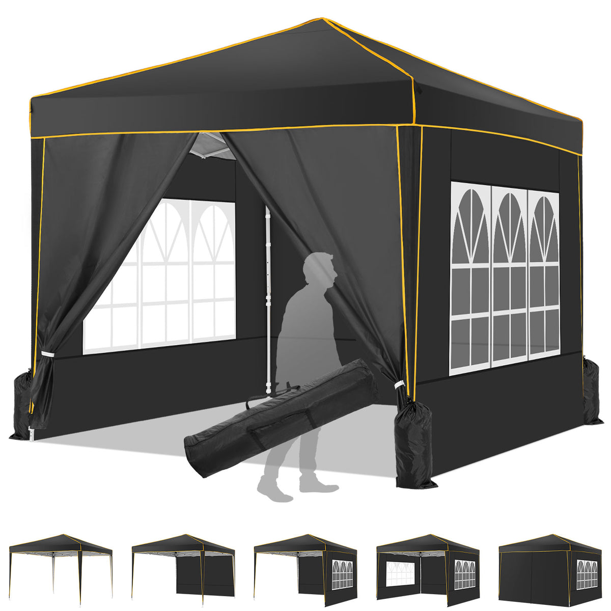 HOTEEL 10x10 Pop up Canopy with Sidewalls,Waterproof Tent for Parties Wedding Event,Instant Outdoor Gazebos with Carry Bag,Stakes,Ropes & Sandbags,Black