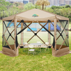 HOTEEL 12x12 Pop Up Gazebo Propped-up Canopy Camping Tent with Mosquito Nettings, Waterproof, UV 50+ Resistant, Hub Tent Instant Screened Canopy with Mesh Windows, Carry Bag & Ground Stakes