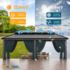 HOTEEL 10'x15' Hardtop Gazebo, Outdoor Steel Double Galvanized Roof Canopy, Aluminum Frame Permanent Pavilion Metal Gazebo with Curtains and Nettings, Sunshade for Patios, Gardens, Lawns, Brown