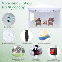 Hoteel 10x10 Pop Up Canopy Tent with 3 Sidewalls, Commercial Party Tent Ez Waterproof Outdoor Instant Gazebo UV 50+ Event Shelter, Garden Tents for Parties Camping with Sandbags & Cover Bag