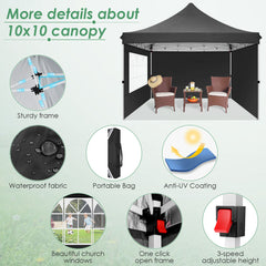 Hoteel 10x10 Pop Up Canopy Tent with 3 Sidewalls, Commercial Party Tent Ez Waterproof Outdoor Instant Gazebo UV 50+ Event Shelter, Garden Tents for Parties Camping with Sandbags & Cover Bag