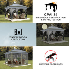 HOTEEL 13x13 Pop Up Gazebo Canopy Tent, Outdoor Waterproof Portable Gazebo With Mosquito Nettings, Double Vented Roof, 3 Adjustable Height and Carry Bag for Patio Garden Lawn