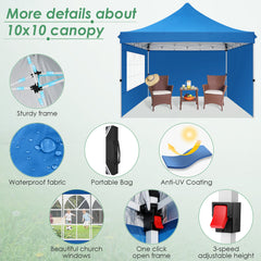 Hoteel 10x10 Pop Up Canopy Tent with 3 Sidewalls, Commercial Party Tent Ez Waterproof Outdoor Instant Gazebo UV 50+ Event Shelter, Garden Tents for Parties Camping with Sandbags & Cover Bag