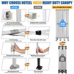 HOTEEL 10’x30' pop-up tent, suitable for parties, heavy-duty easy-to-set-up tent with 8 side walls, outdoor commercial instant gazebo, suitable for wedding events, with portable bag