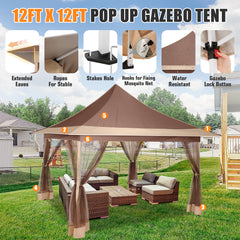 HOTEEL 12x12 Outdoor Waterproof Gazebo, Pop Up Canopy Tent with Adjustable Height, UV Protection & Mosquito Net, Ideal for Parties, Camping, Weddings, and Backyard Events,Brown
