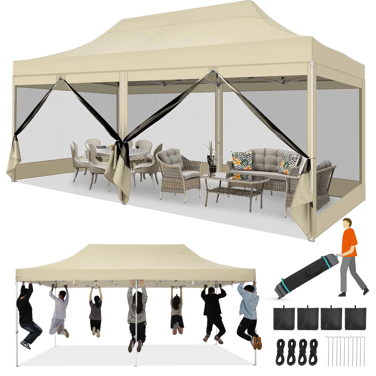 HOTEEL 10x15 Heavy Duty Canopy Tent, Pop up Canopies with Netting Screened ,Waterproof Ez up Canopy with Sidewalls, Outdoor Instant Party Tent for Backyard,Haze Gray
