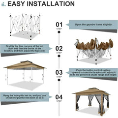 COBIZI 12x12 Outdoor Gazebo Pop Up Gazebo Canopy with Mosquito Netting Patio Tent Backyard Canopy with 2-Tiered Vented Top 3 Adjustable Height, Brown