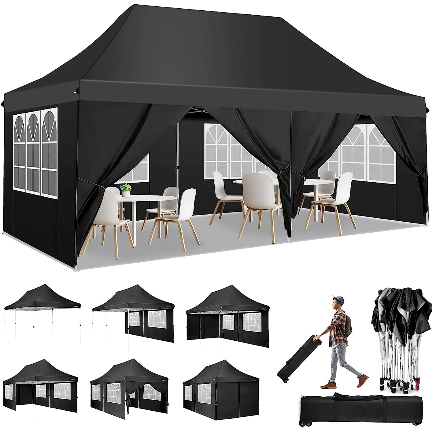 Cobizi 10x20ft Pop Up Canopy Tent with 6 Removable Sidewalls Easy Up Commercial Canopy Waterproof and UV50 Gazebo with Portable Bag Adjustable