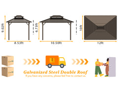 Hoteel 10'x12' Hardtop Gazebo, Outdoor Steel Double Galvanized Roof Canopy, Aluminum Frame Permanent Pavilion Metal Gazebo with Curtains and Nettings, Sunshade for Patios, Gardens, Lawns, Brown