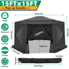 Hoteel 15x15 Camping Gazebo Tent 8 Sided Pop-up Canopy Screen Tent with Netting for Camping, Waterproof, UV Resistant, Ez Set-up Party Tent with Carrying Bag