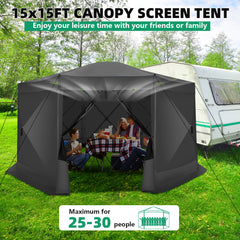 Hoteel 15x15 Camping Gazebo Tent 8 Sided Pop-up Canopy Screen Tent with Netting for Camping, Waterproof, UV Resistant, Ez Set-up Party Tent with Carrying Bag