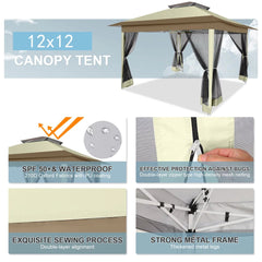 COBIZI 12x12 Outdoor Gazebo Pop Up Gazebo Canopy with Mosquito Netting Patio Tent Backyard Canopy with 2-Tiered Vented Top 3 Adjustable Height, Beige