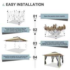 COBIZI 12x12 Outdoor Gazebo Pop Up Gazebo Canopy with Mosquito Netting Patio Tent Backyard Canopy with 2-Tiered Vented Top 3 Adjustable Height, Beige