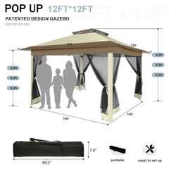 COBIZI 12x12 Outdoor Gazebo Pop Up Gazebo Canopy with Mosquito Netting Patio Tent Backyard Canopy with 2-Tiered Vented Top 3 Adjustable Height, Beige