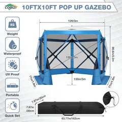 Hoteel 10x10ft Camping Gazebo Screen Tent, 5 Sided Pop-up Canopy Shelter with Mesh Windows, Portable Carry Bag, Stakes, Waterproof, UV 50+, Large Shade Tents for Outdoor Camping, Backyard, Gray,Blue,Khaki,Brown