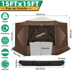 Hoteel 15x15 Camping Gazebo Tent 8 Sided Pop-up Canopy Screen Tent with Netting for Camping, Waterproof, UV Resistant, Ez Set-up Party Tent with Carrying Bag