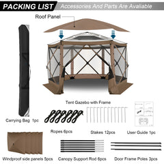 HOTEEL 12x12ft Camping Gazebo Screen Tent, 6 Sided Pop-up Canopy Shelter Tent with Mesh Windows, Portable Carry Bag, Stakes, Waterproof, UV 50+, Large Shade Tents for Outdoor Camping, Backyard, Beige