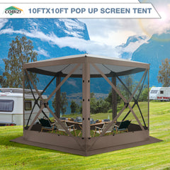 Hoteel 10x10ft Camping Gazebo Screen Tent, 5 Sided Pop-up Canopy Shelter with Mesh Windows, Portable Carry Bag, Stakes, Waterproof, UV 50+, Large Shade Tents for Outdoor Camping, Backyard, Gray,Blue,Khaki,Brown