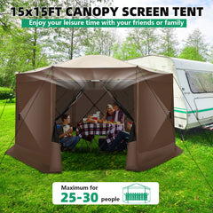 Hoteel 15x15 Camping Gazebo Tent 8 Sided Pop-up Canopy Screen Tent with Netting for Camping, Waterproof, UV Resistant, Ez Set-up Party Tent with Carrying Bag